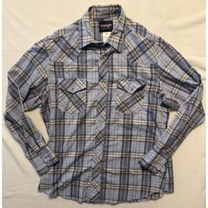 Wrangler Wrancher Pearl Snap Western Long Sleeve Shirt Men's Large Blue Plaid